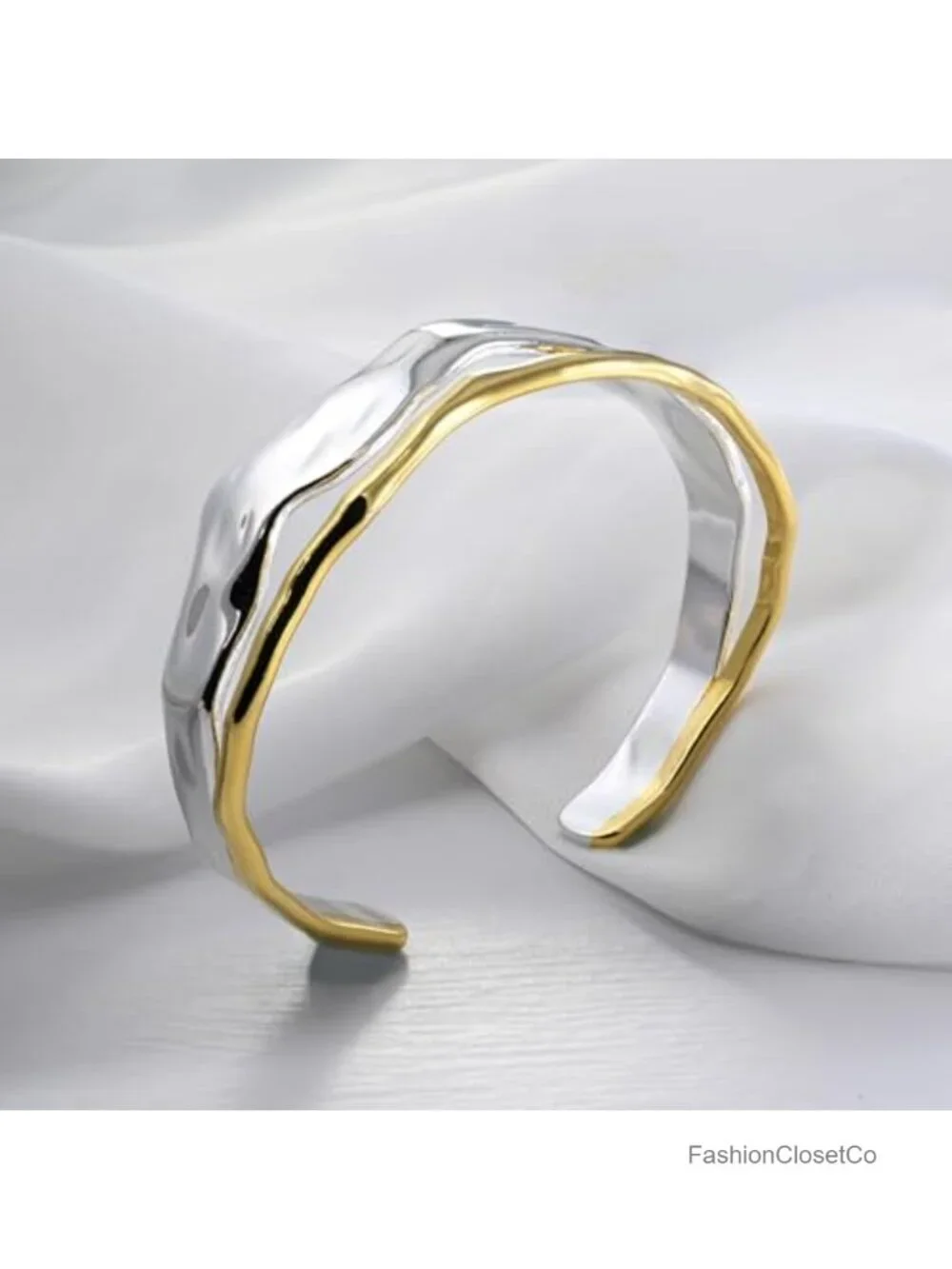 Sterling Silver Two Tone Open Cuff Bracelet Double Layer Hammered Texture Chunky